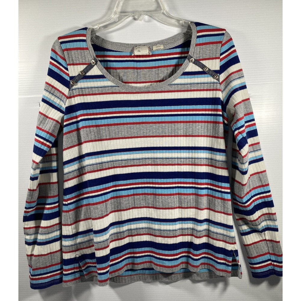 Anthropologie Postage Stamp Striped Long Sleeve Top Red White Blue Gray Sz Lrg